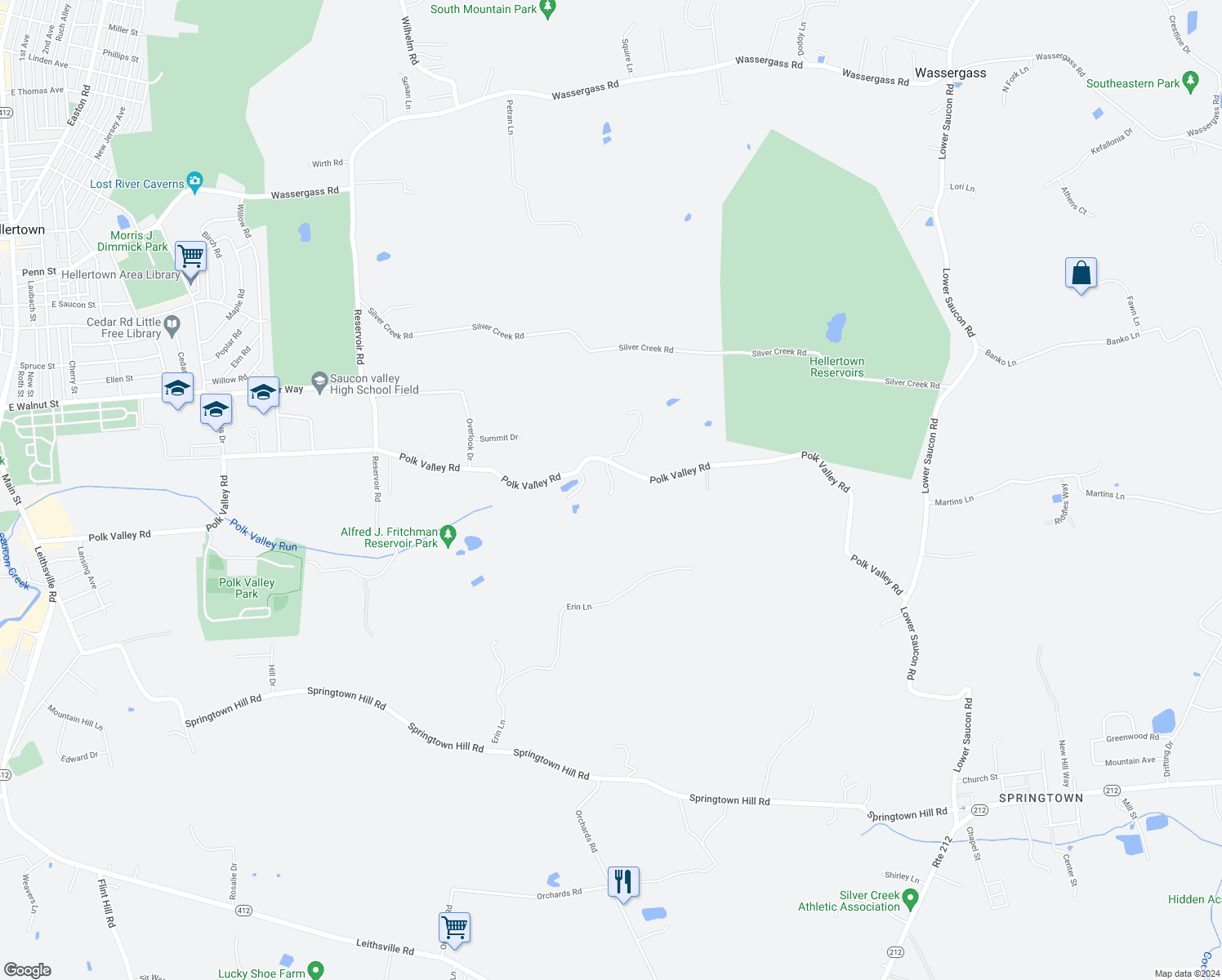 map of restaurants, bars, coffee shops, grocery stores, and more near 2306 Polk Valley Road in Hellertown