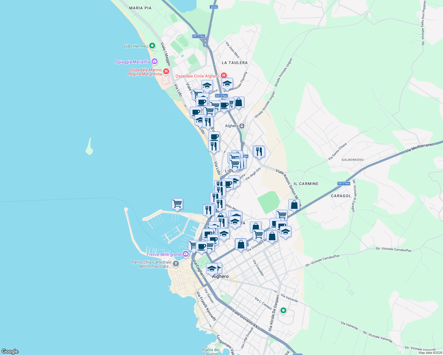 map of restaurants, bars, coffee shops, grocery stores, and more near 115 Via Giuseppe Garibaldi in Alghero