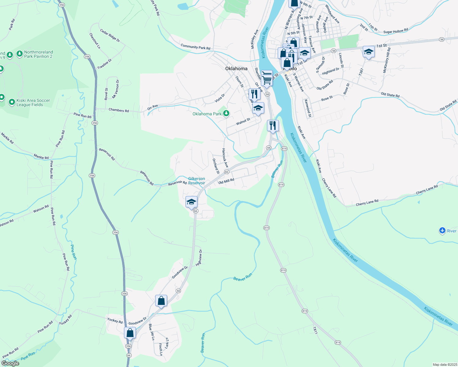 map of restaurants, bars, coffee shops, grocery stores, and more near 285 Old Mill Rd in Apollo