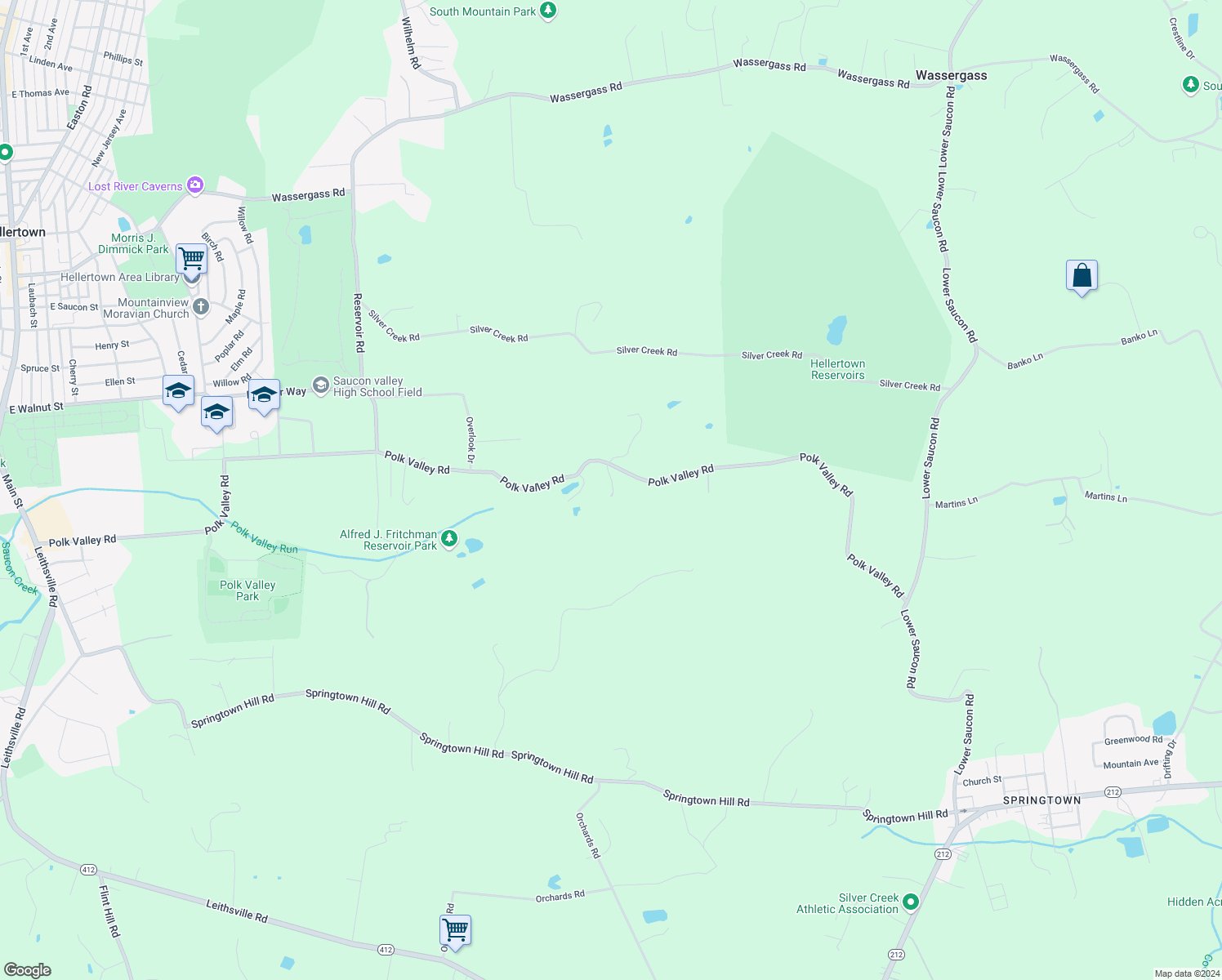 map of restaurants, bars, coffee shops, grocery stores, and more near 2306 Polk Valley Road in Hellertown