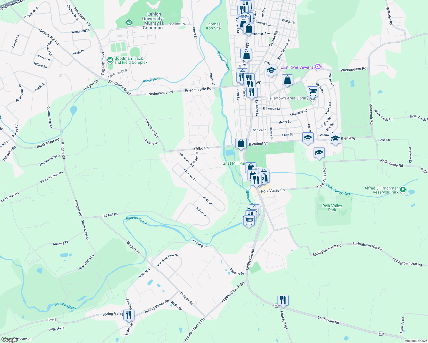 map of restaurants, bars, coffee shops, grocery stores, and more near 1878 Mill Run Court in Hellertown