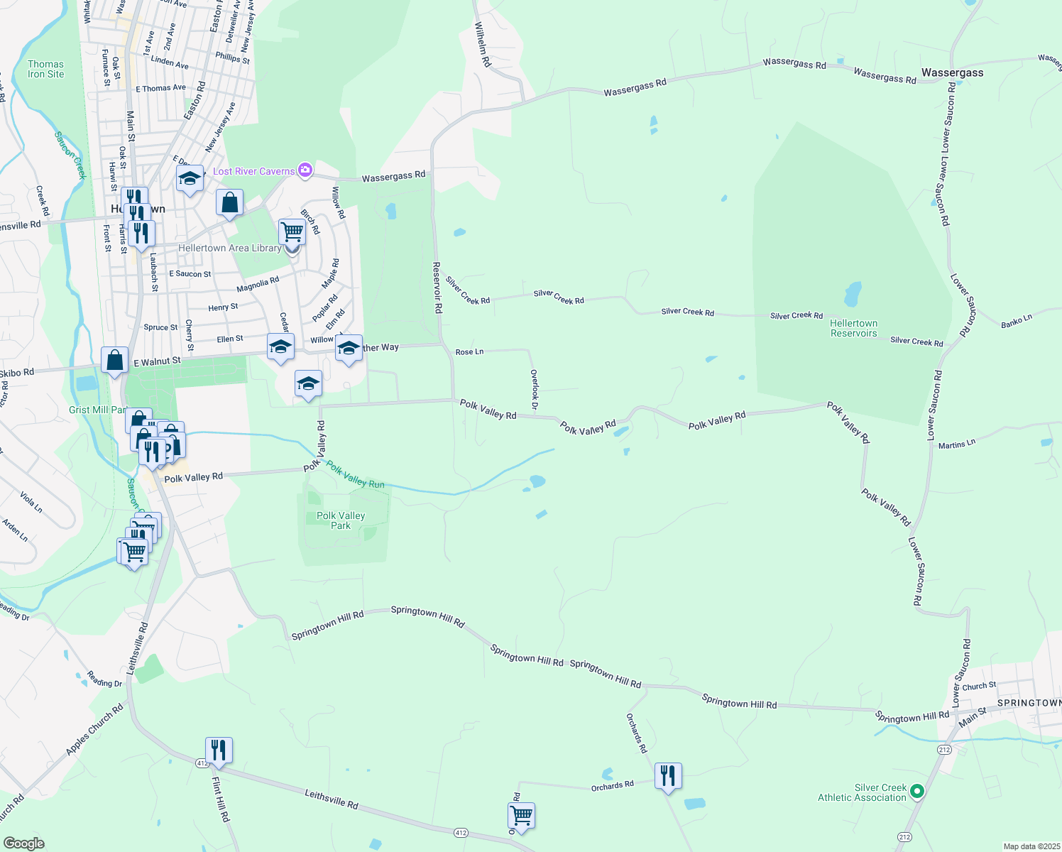 map of restaurants, bars, coffee shops, grocery stores, and more near 2216 Polk Valley Rd in Hellertown
