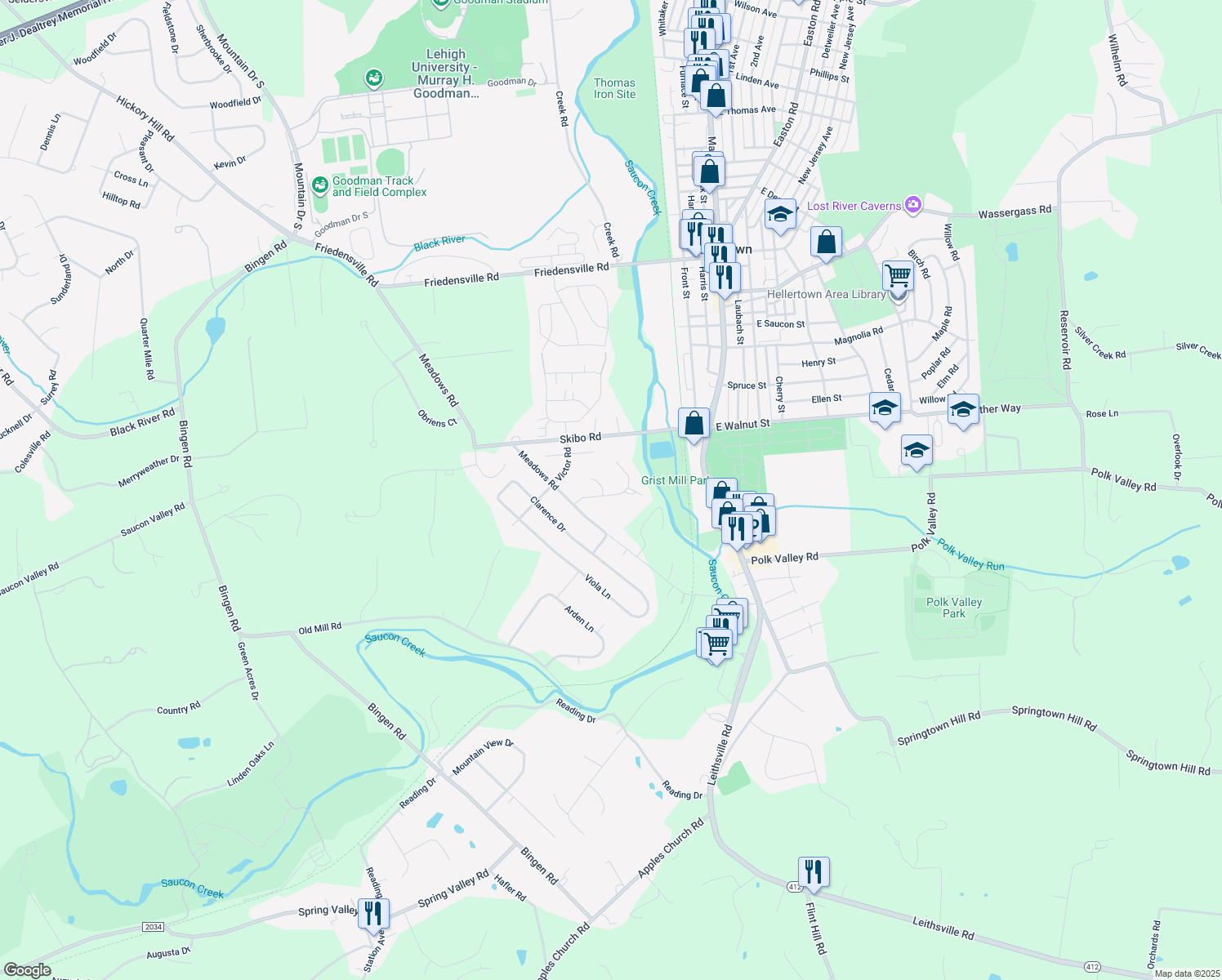 map of restaurants, bars, coffee shops, grocery stores, and more near 1841 Mallard Court in Hellertown