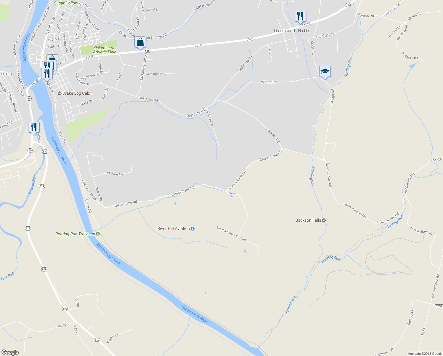 map of restaurants, bars, coffee shops, grocery stores, and more near 869 Cherry Lane Road in Apollo
