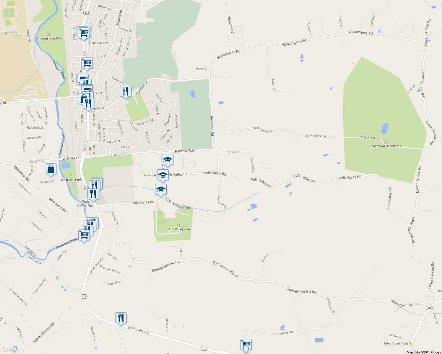 map of restaurants, bars, coffee shops, grocery stores, and more near 1842 Timber Lane in Hellertown