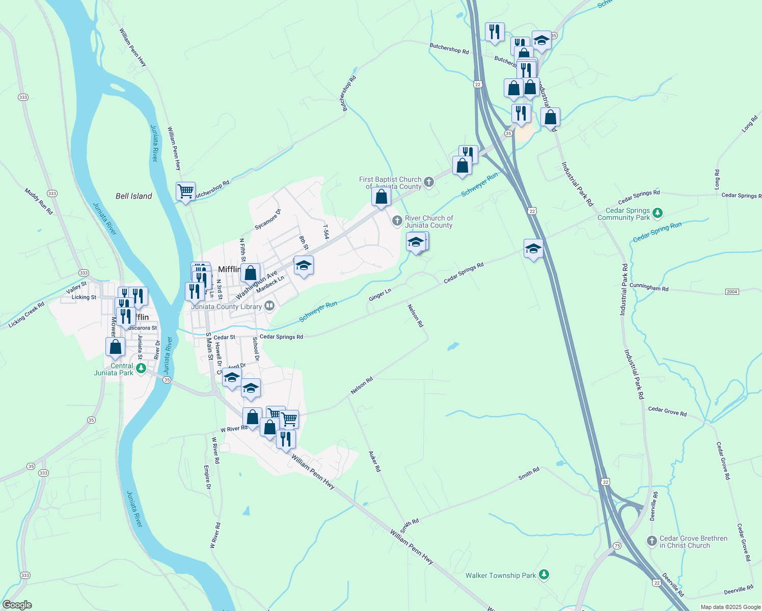 map of restaurants, bars, coffee shops, grocery stores, and more near 585 Cedar Springs Road in Mifflintown