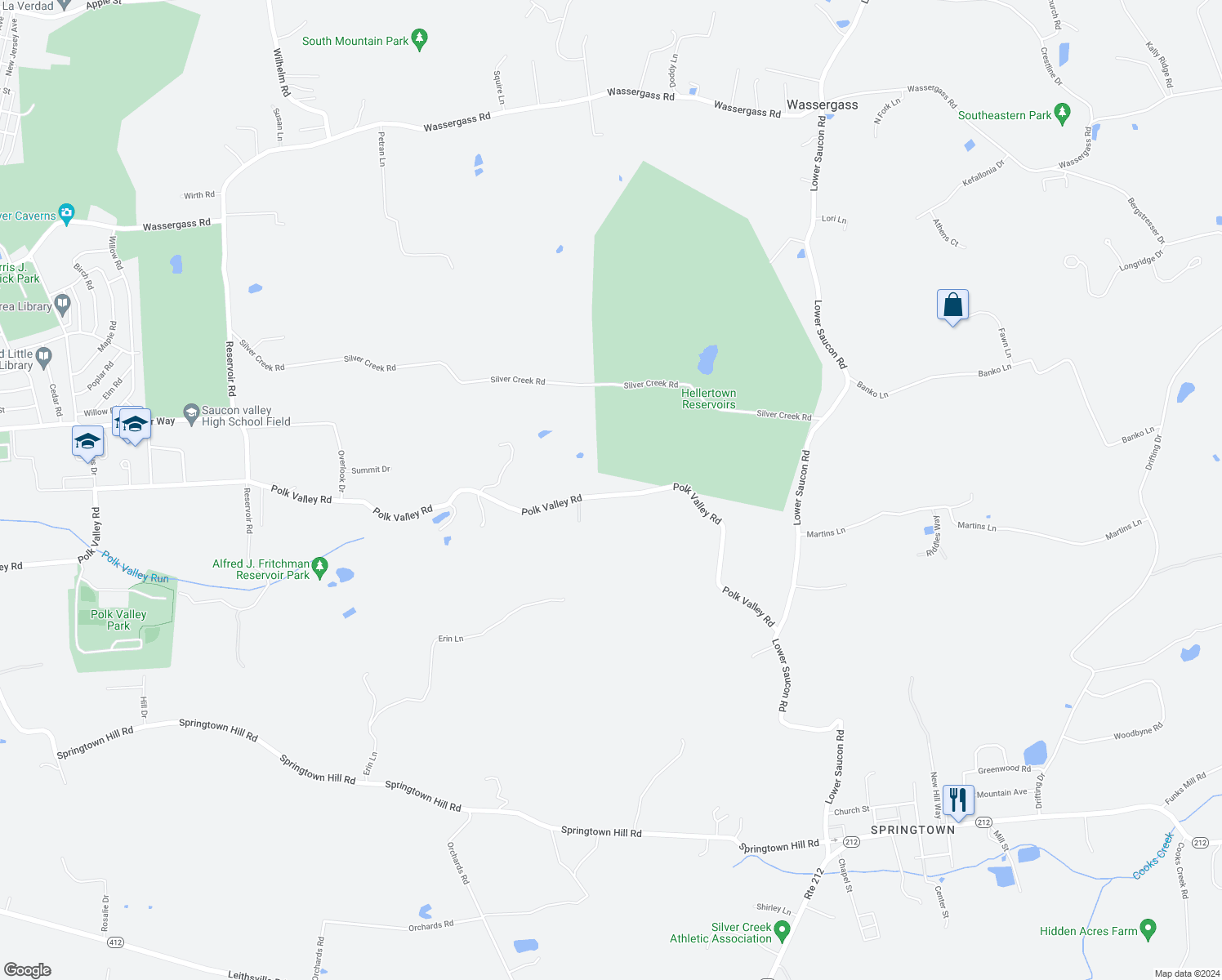 map of restaurants, bars, coffee shops, grocery stores, and more near 2395 Polk Valley Road in Hellertown