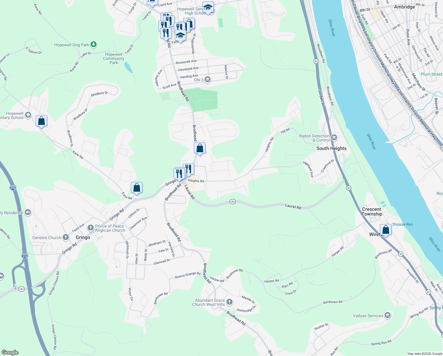 map of restaurants, bars, coffee shops, grocery stores, and more near 3115 Heights Rd in Aliquippa