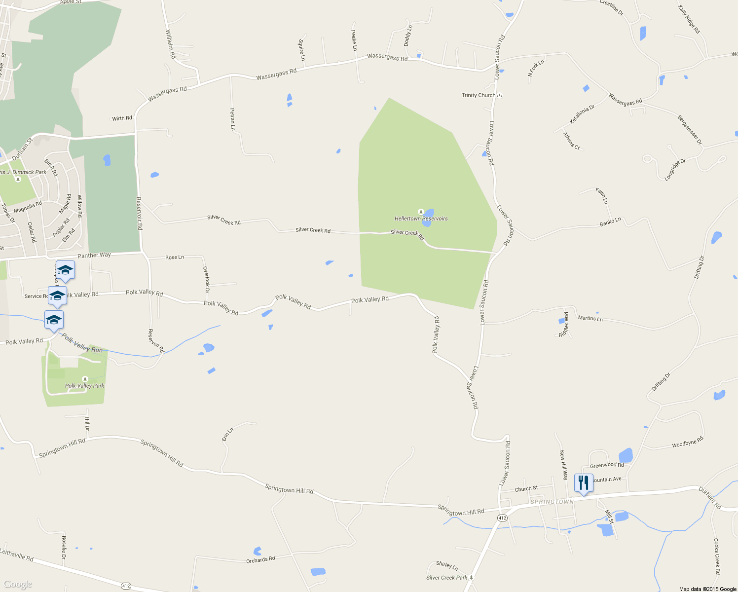 map of restaurants, bars, coffee shops, grocery stores, and more near 2395 Polk Valley Road in Hellertown
