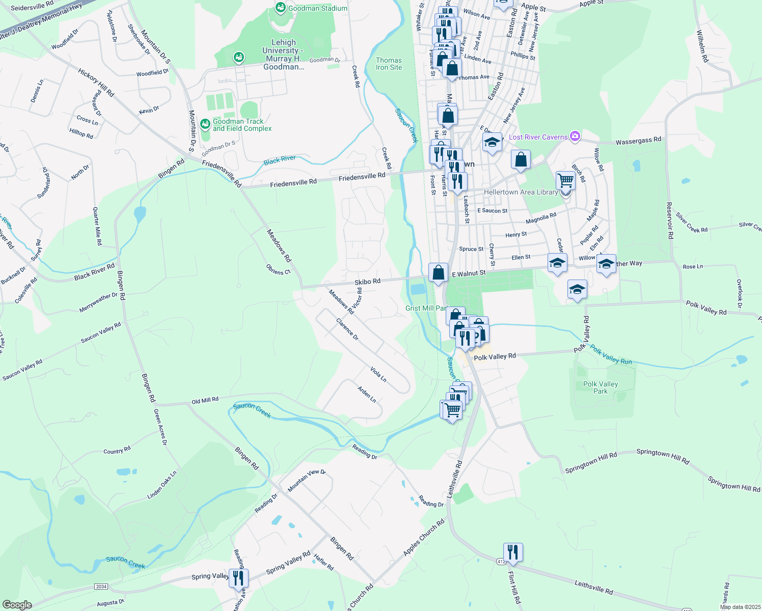 map of restaurants, bars, coffee shops, grocery stores, and more near 1849 Mallard Court in Hellertown