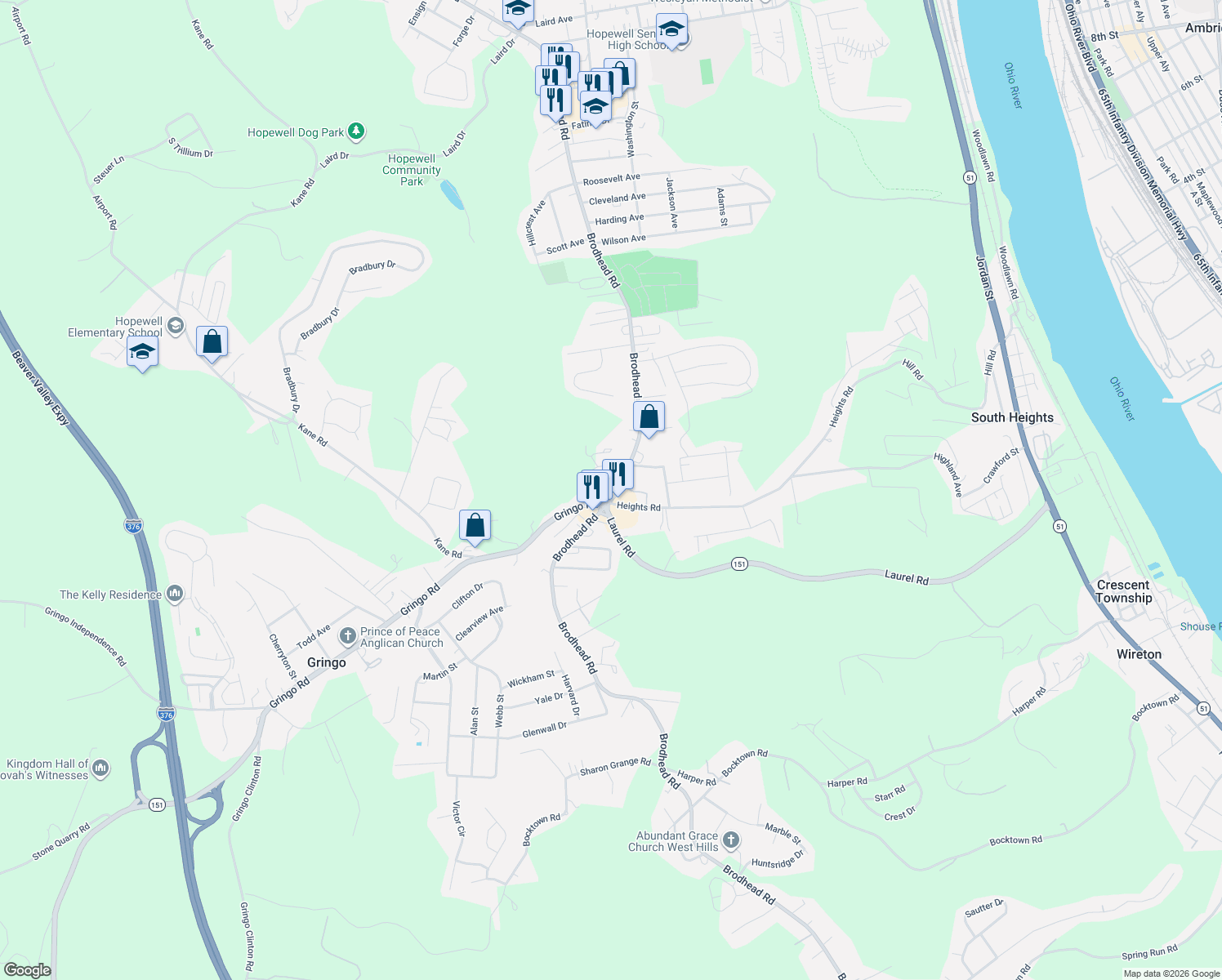 map of restaurants, bars, coffee shops, grocery stores, and more near 2065 Brodhead Road in Aliquippa