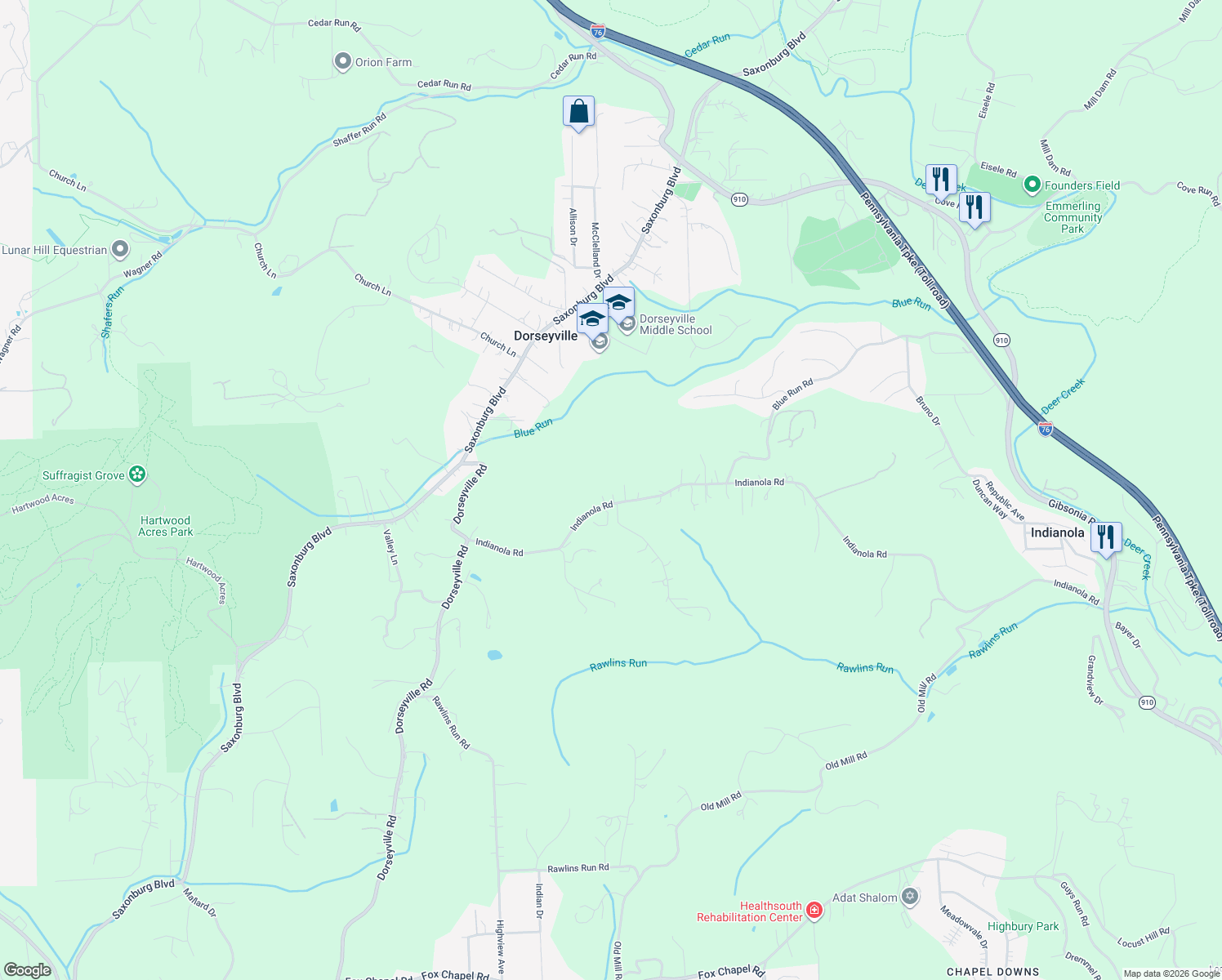 map of restaurants, bars, coffee shops, grocery stores, and more near 139 Indianola Road in Pittsburgh