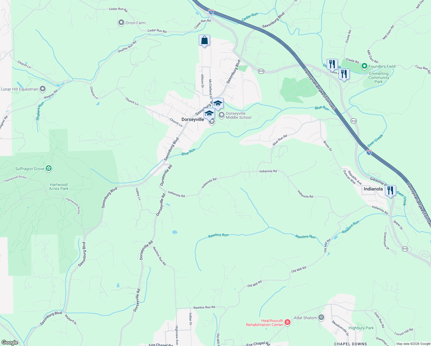 map of restaurants, bars, coffee shops, grocery stores, and more near 139 Indianola Road in Pittsburgh