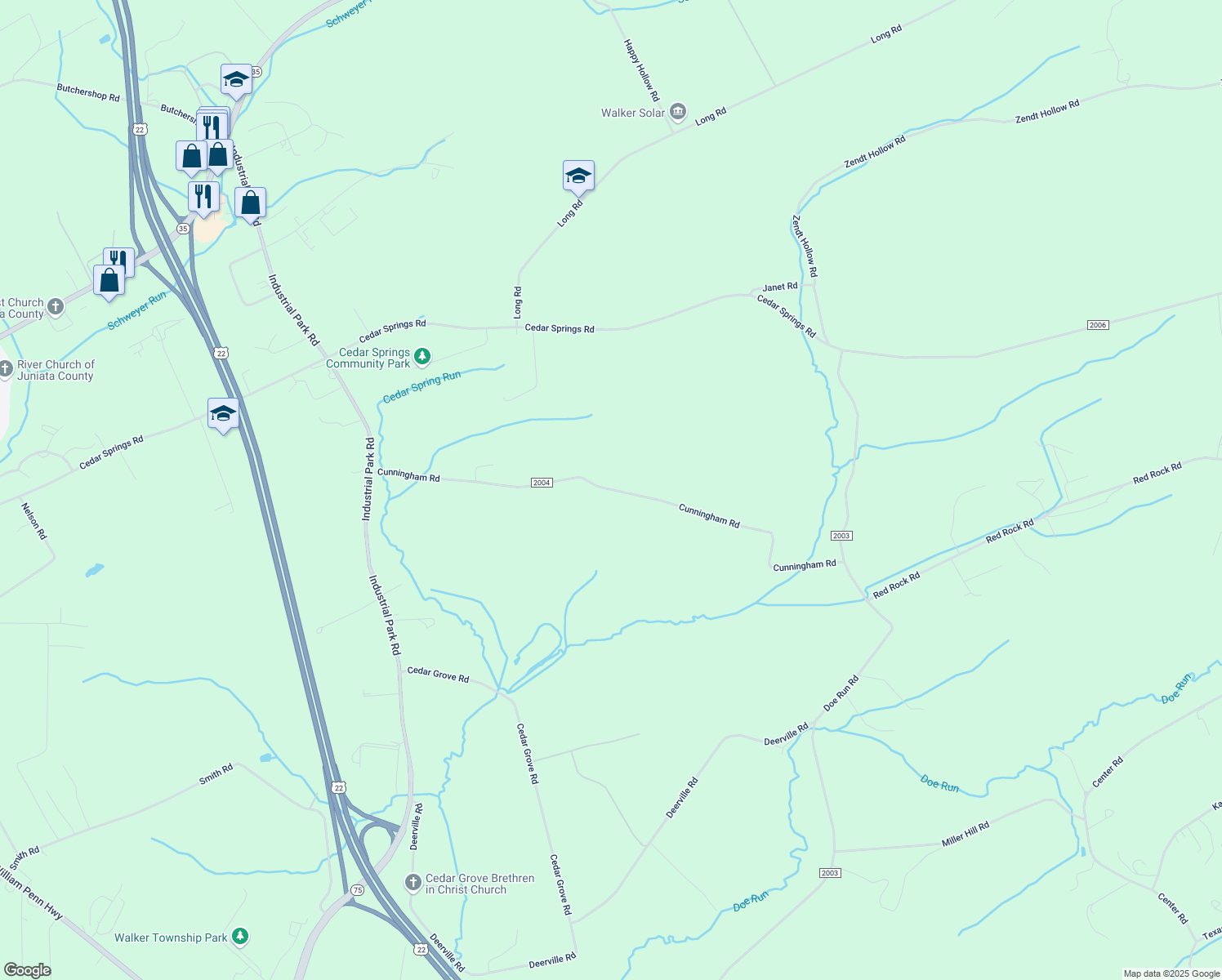 map of restaurants, bars, coffee shops, grocery stores, and more near Cunningham Road in Juniata County