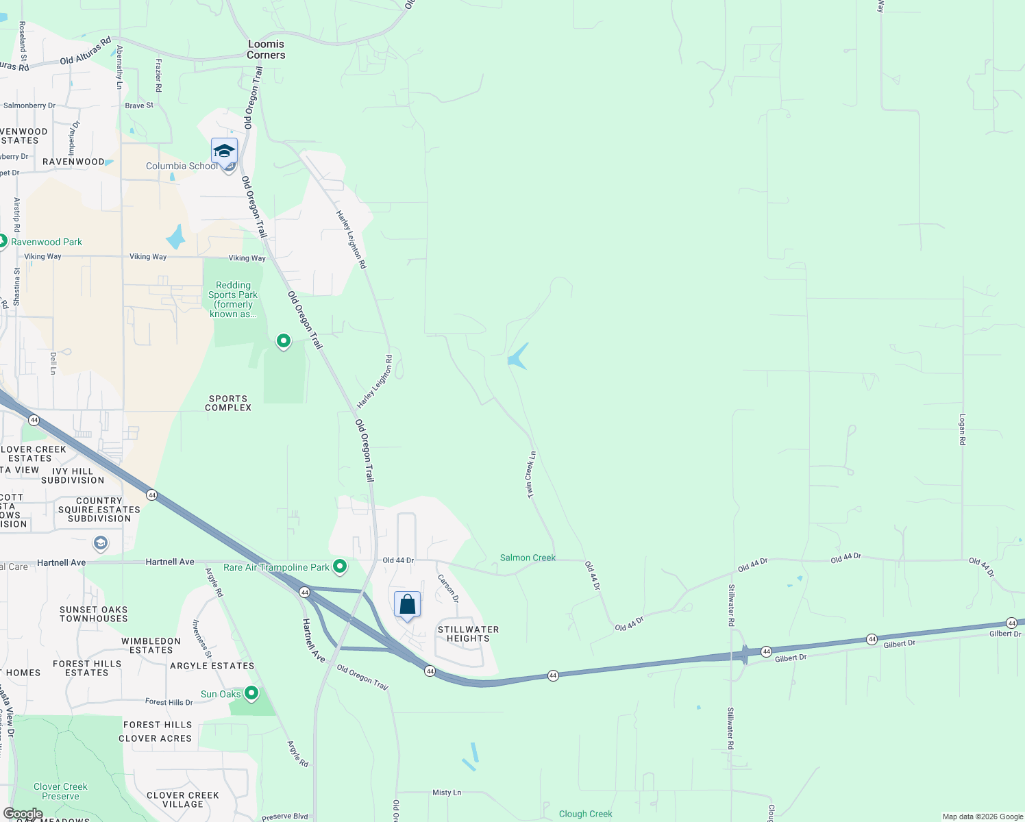 map of restaurants, bars, coffee shops, grocery stores, and more near Twin Creek Lane in Redding