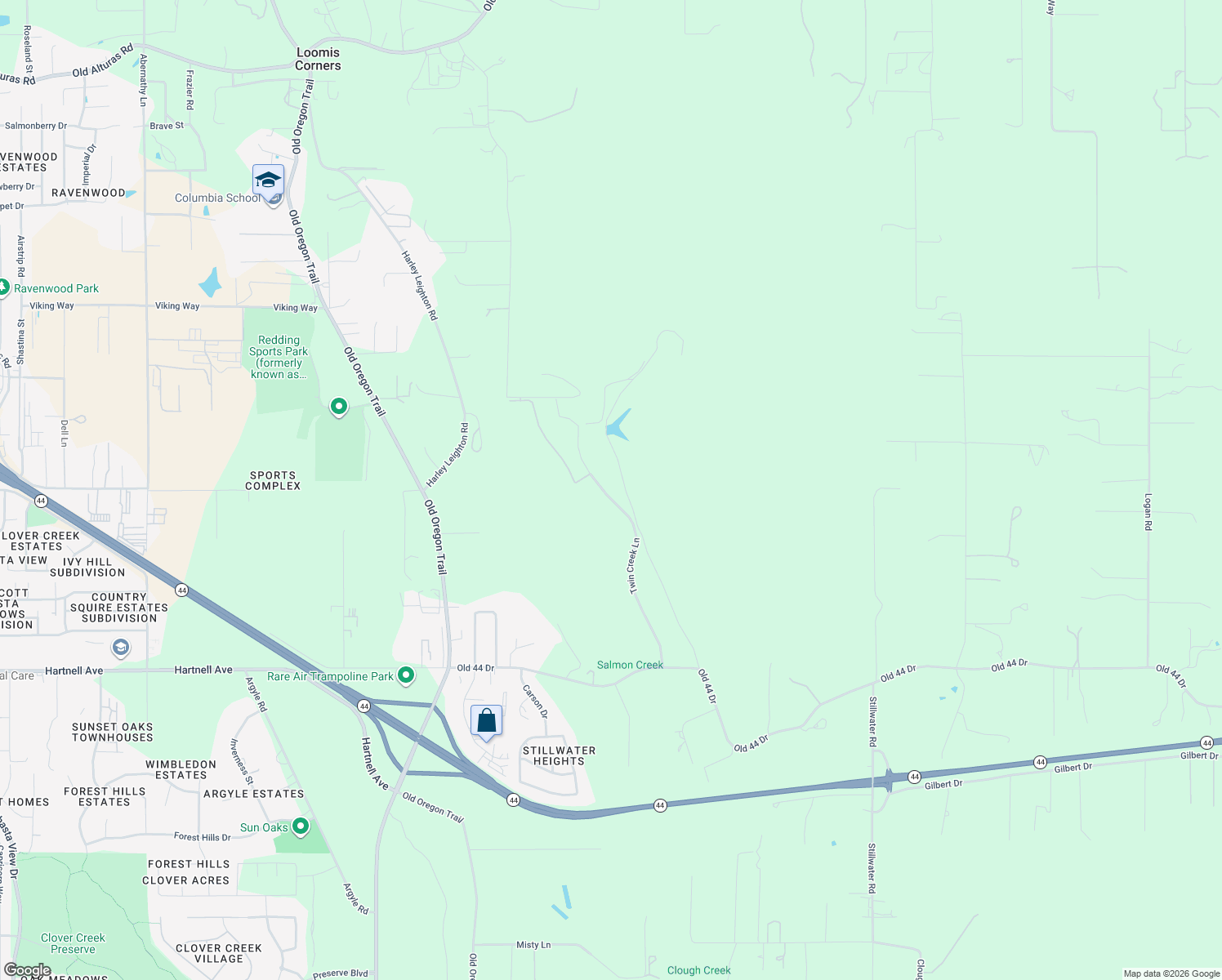 map of restaurants, bars, coffee shops, grocery stores, and more near Twin Creek Lane in Redding