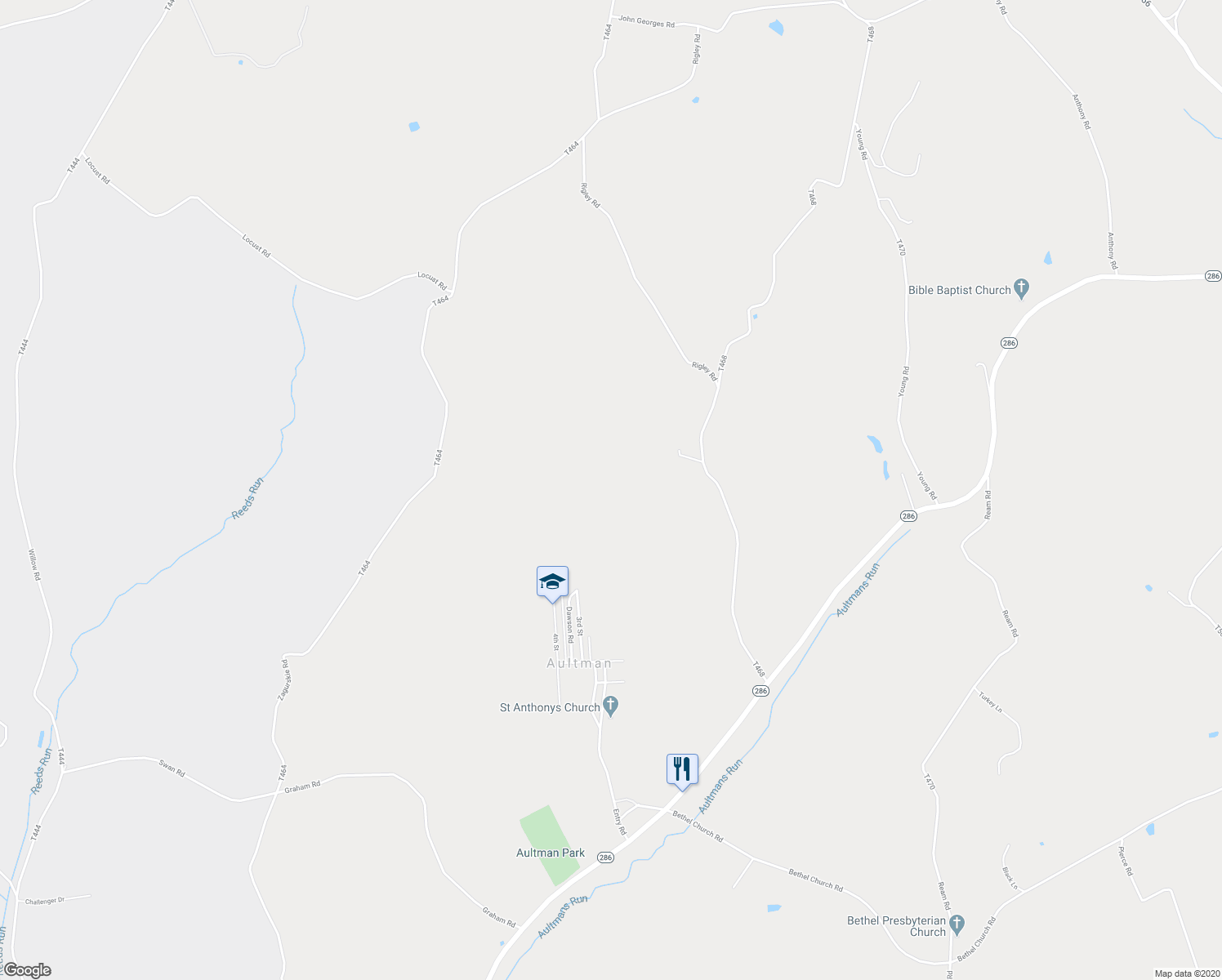 map of restaurants, bars, coffee shops, grocery stores, and more near in Aultman