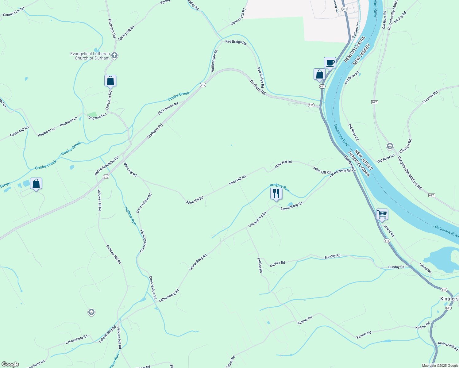 map of restaurants, bars, coffee shops, grocery stores, and more near Mine Hill Road in Bucks County
