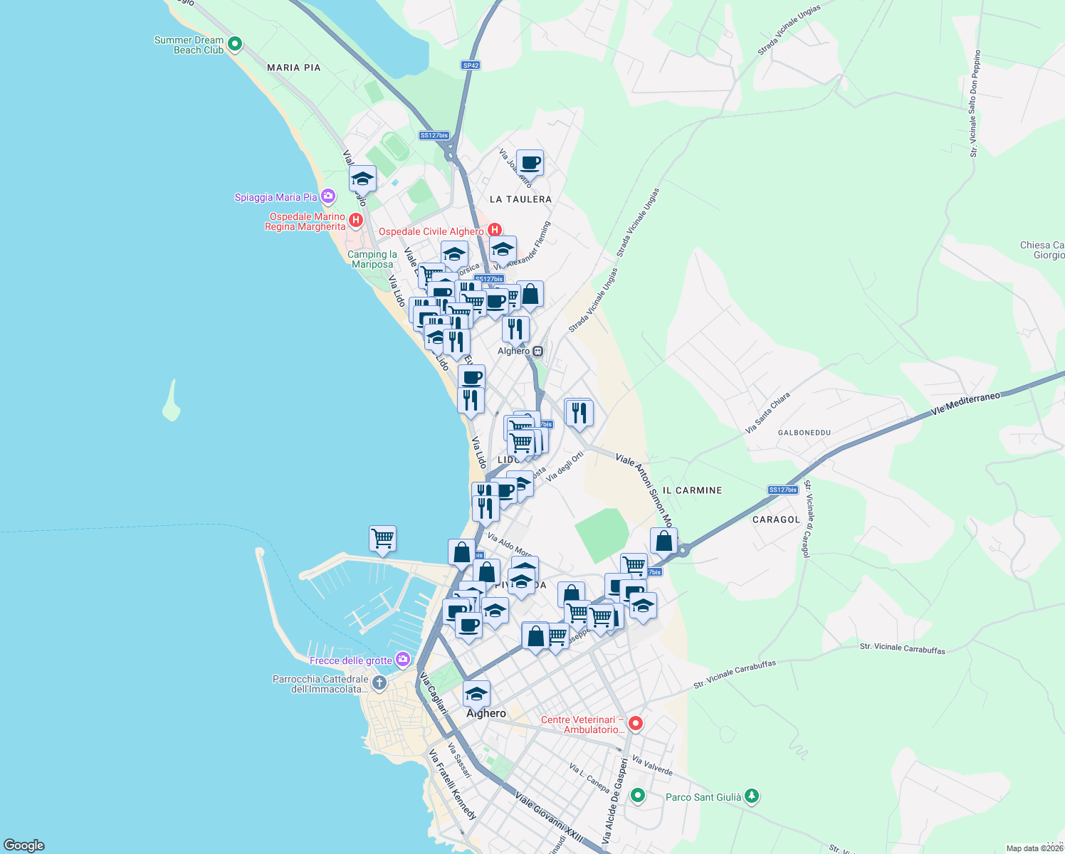 map of restaurants, bars, coffee shops, grocery stores, and more near 6 Viale Europa in Alghero