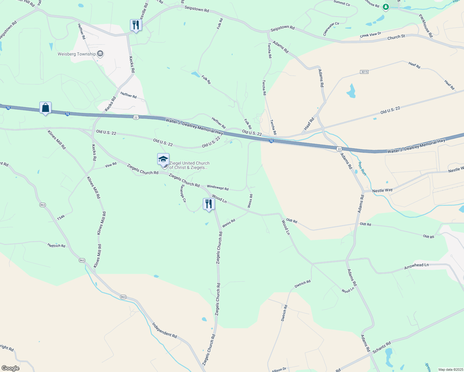 map of restaurants, bars, coffee shops, grocery stores, and more near 9954 Windswept Court in Breinigsville