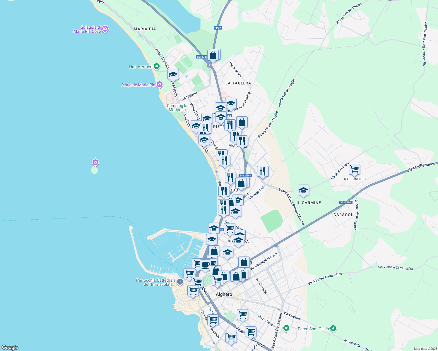 map of restaurants, bars, coffee shops, grocery stores, and more near 33B Via Lido in Alghero