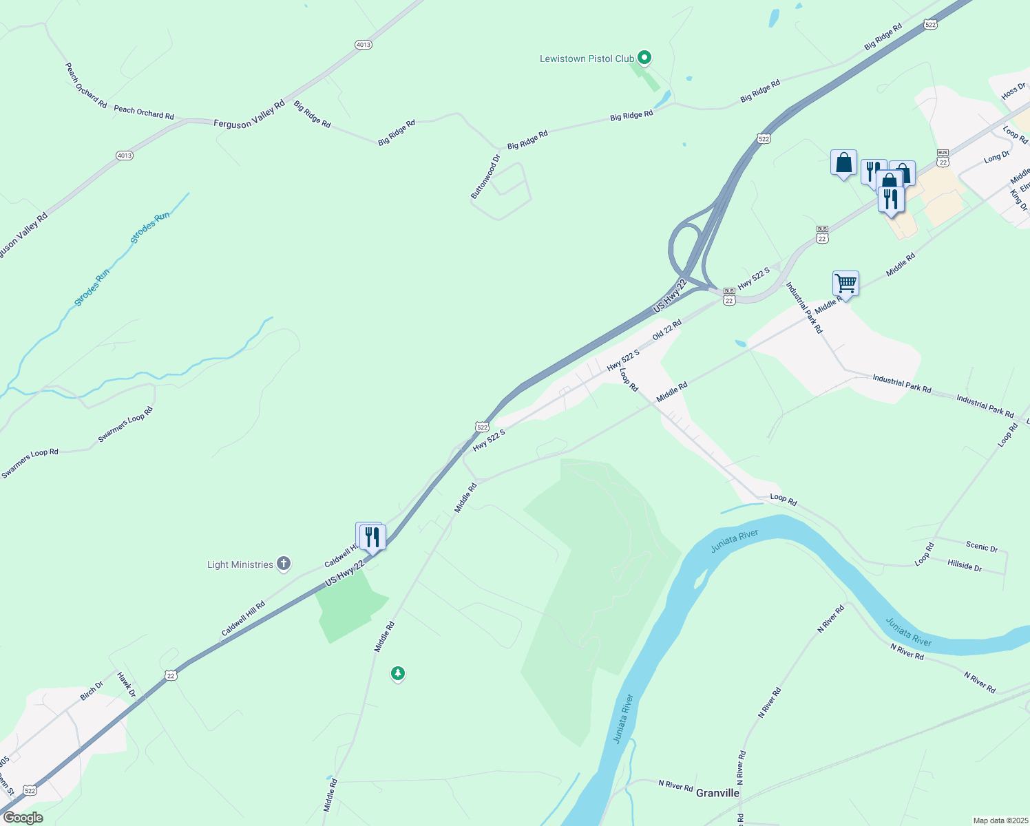 map of restaurants, bars, coffee shops, grocery stores, and more near Highway 522 South in Mifflin County