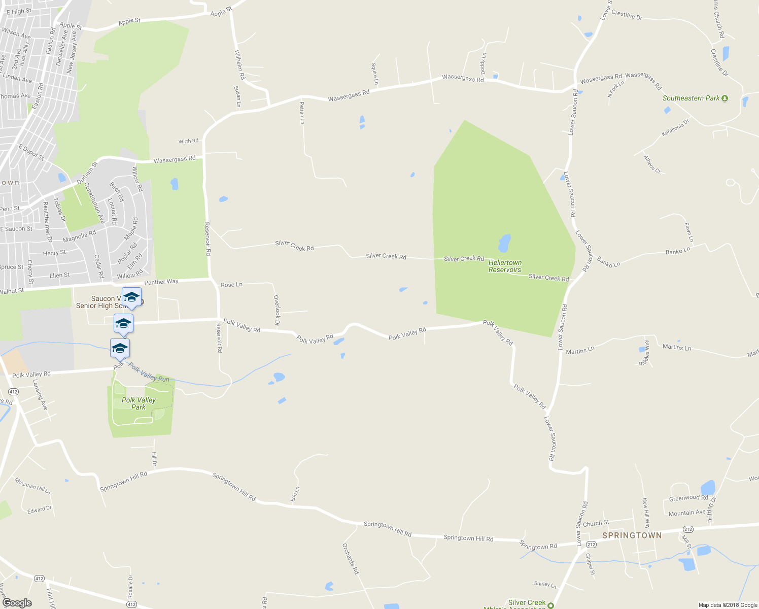 map of restaurants, bars, coffee shops, grocery stores, and more near 2341 Polk Valley Road in Hellertown
