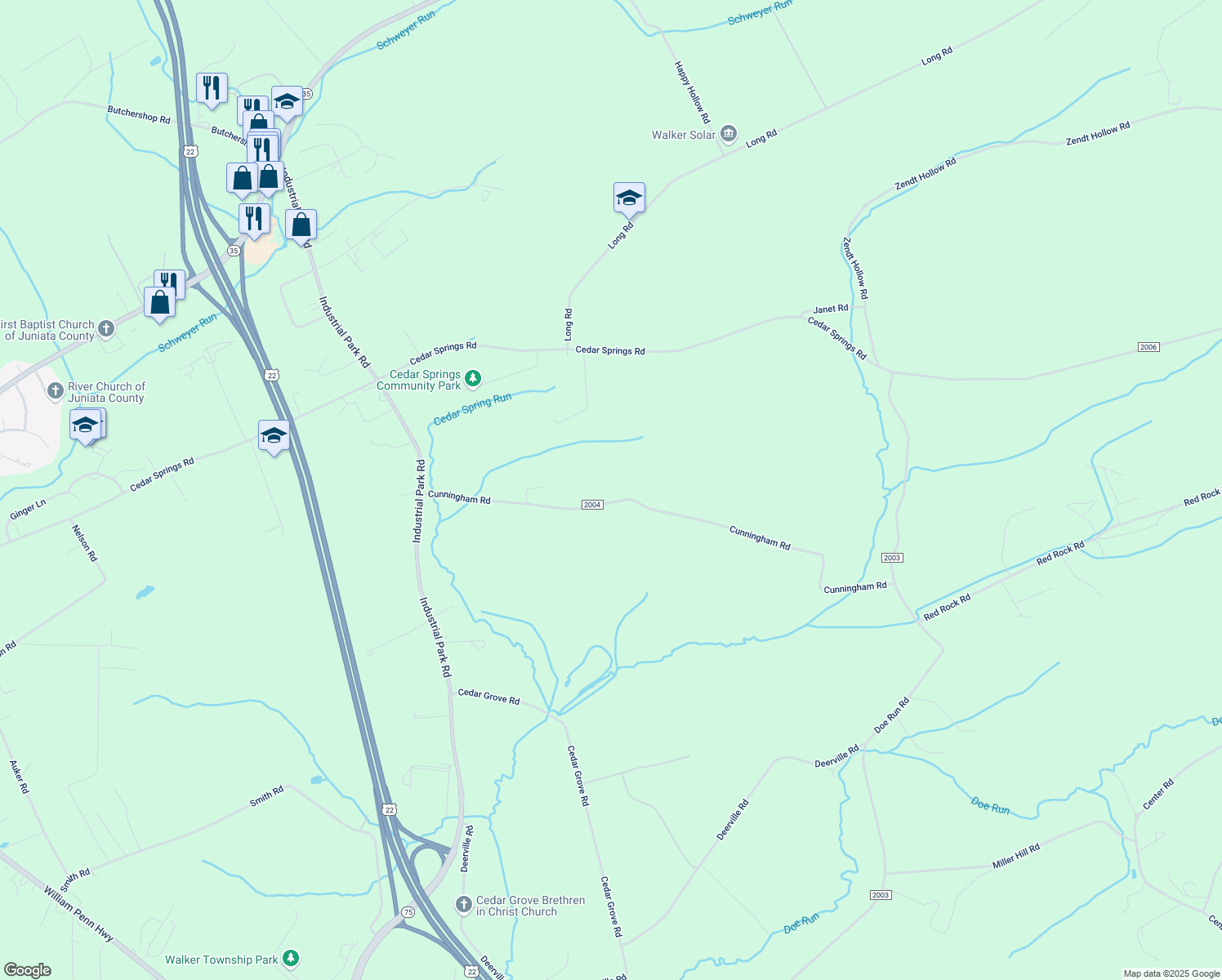 map of restaurants, bars, coffee shops, grocery stores, and more near Cunningham Road in Juniata County