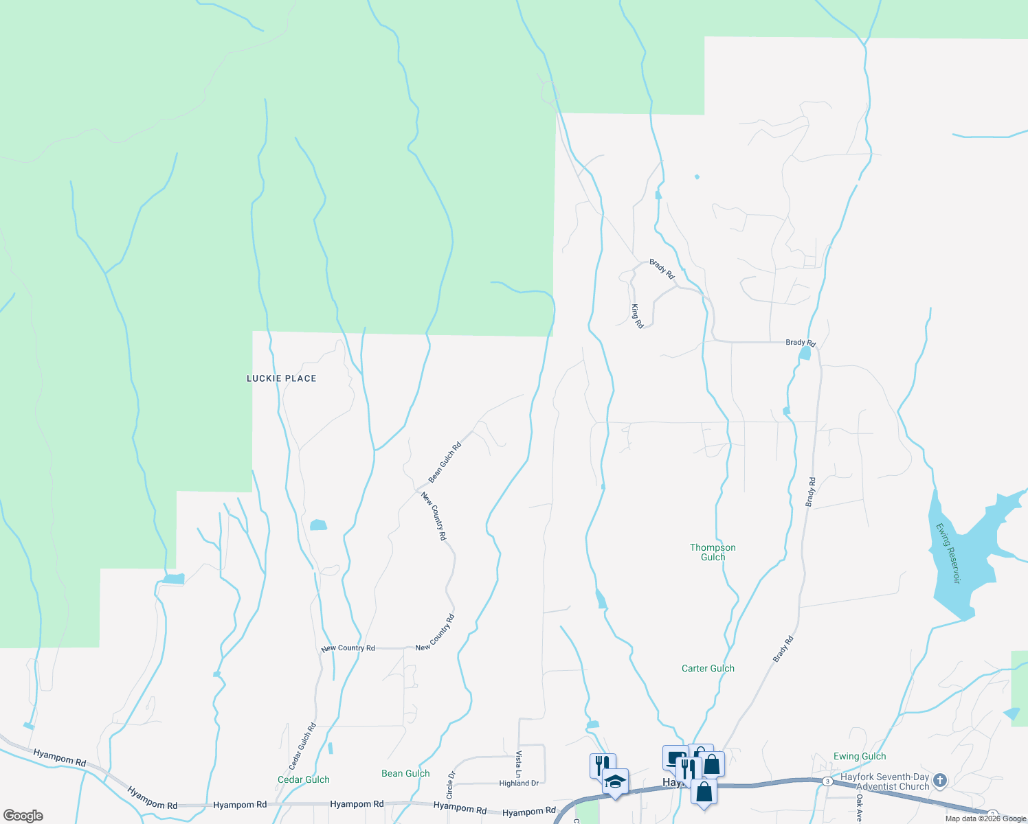 map of restaurants, bars, coffee shops, grocery stores, and more near Bean Gulch Road in Hayfork