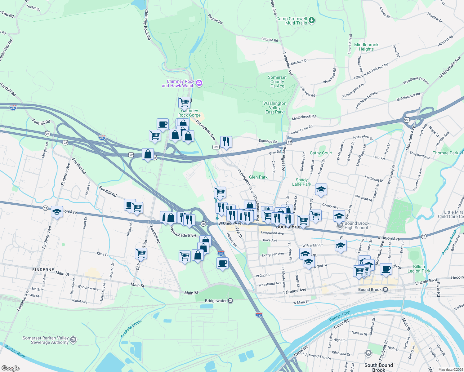 map of restaurants, bars, coffee shops, grocery stores, and more near 701 Lawrence Rd in Bound Brook