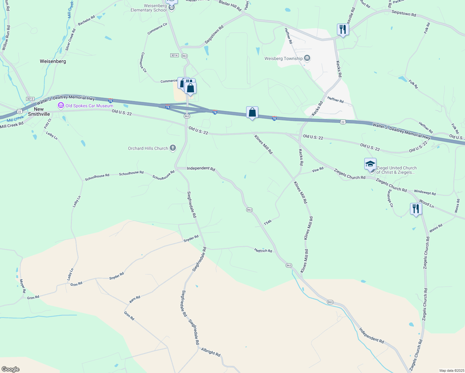 map of restaurants, bars, coffee shops, grocery stores, and more near 1794 Independent Road in Breinigsville