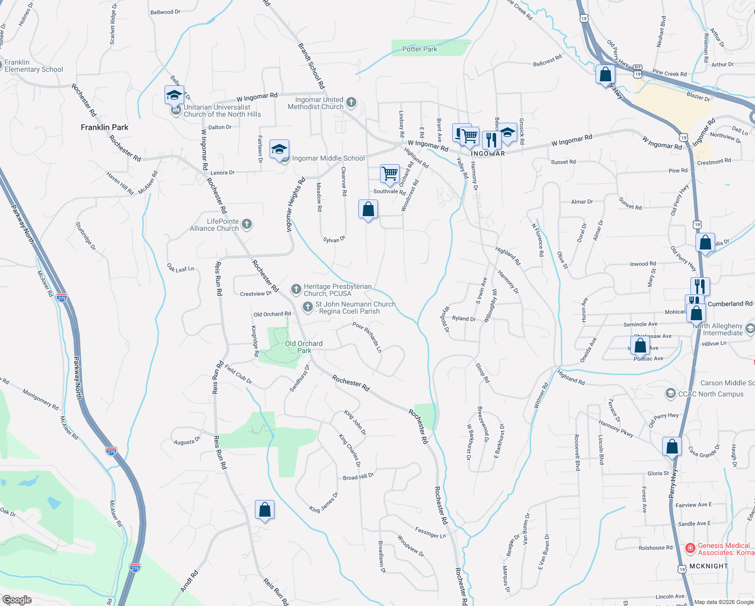 map of restaurants, bars, coffee shops, grocery stores, and more near 9200 Tanbark Drive in Pittsburgh