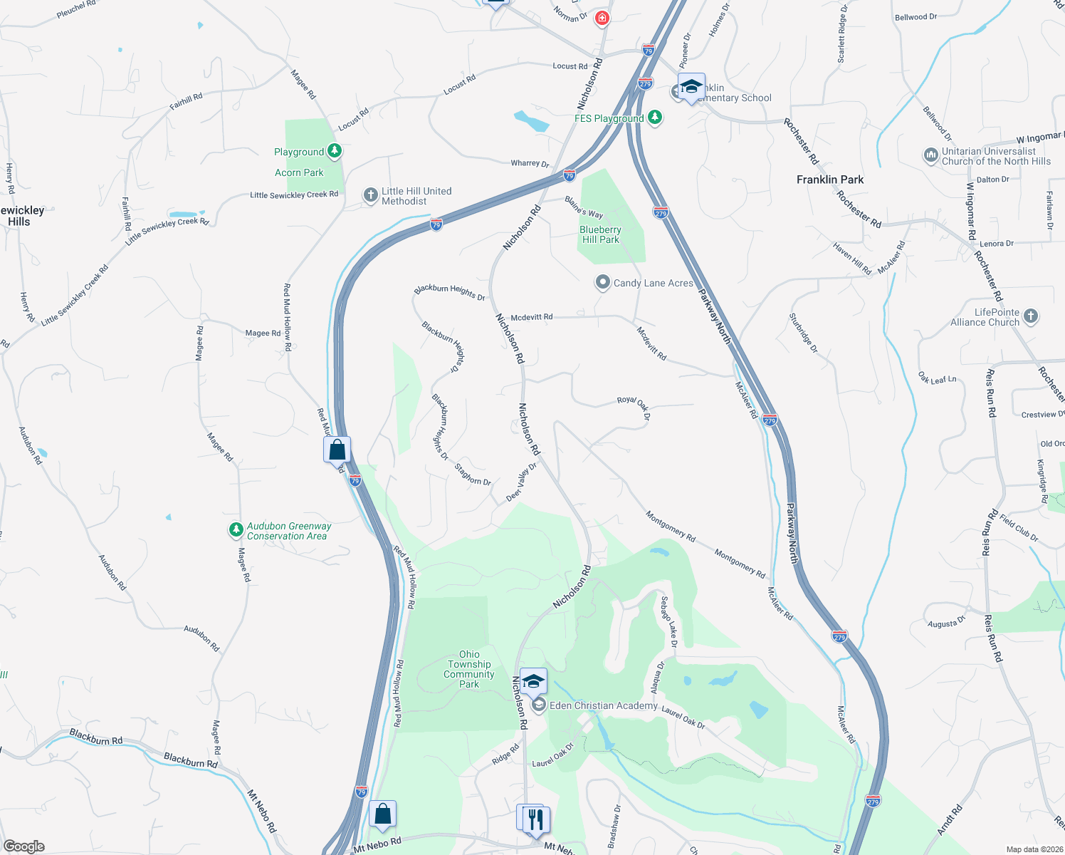 map of restaurants, bars, coffee shops, grocery stores, and more near 2342 Nicholson Road in Sewickley