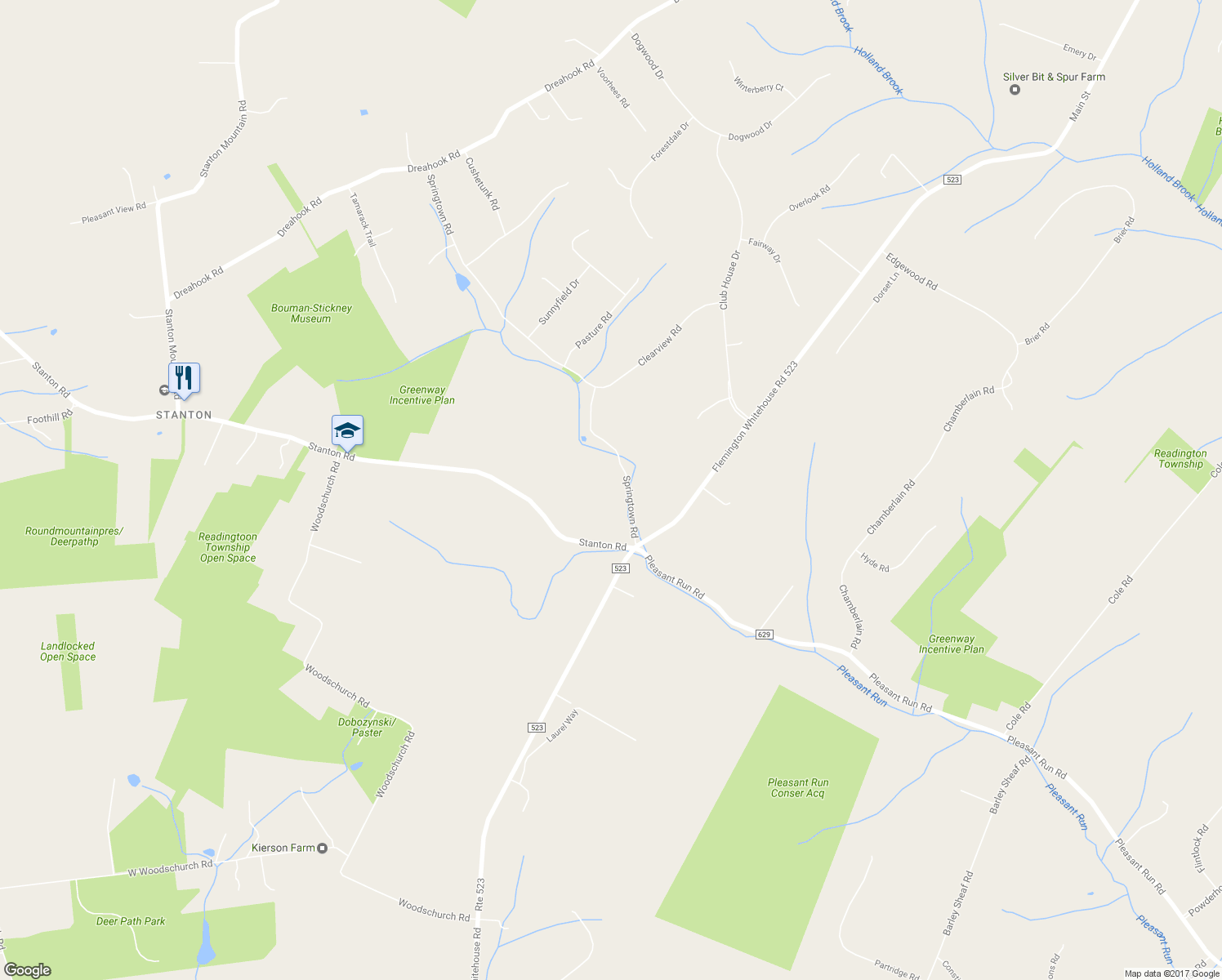 map of restaurants, bars, coffee shops, grocery stores, and more near 35 Springtown Road in Readington Township