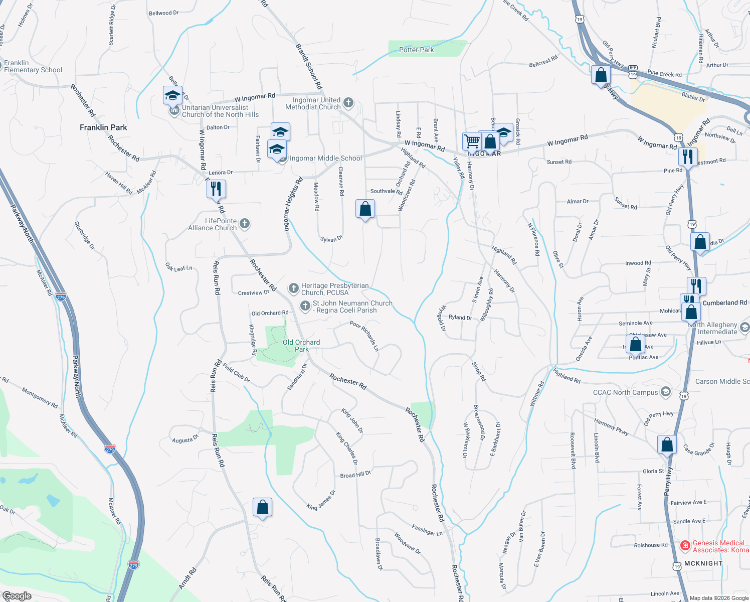 map of restaurants, bars, coffee shops, grocery stores, and more near 9200 Tanbark Drive in Pittsburgh
