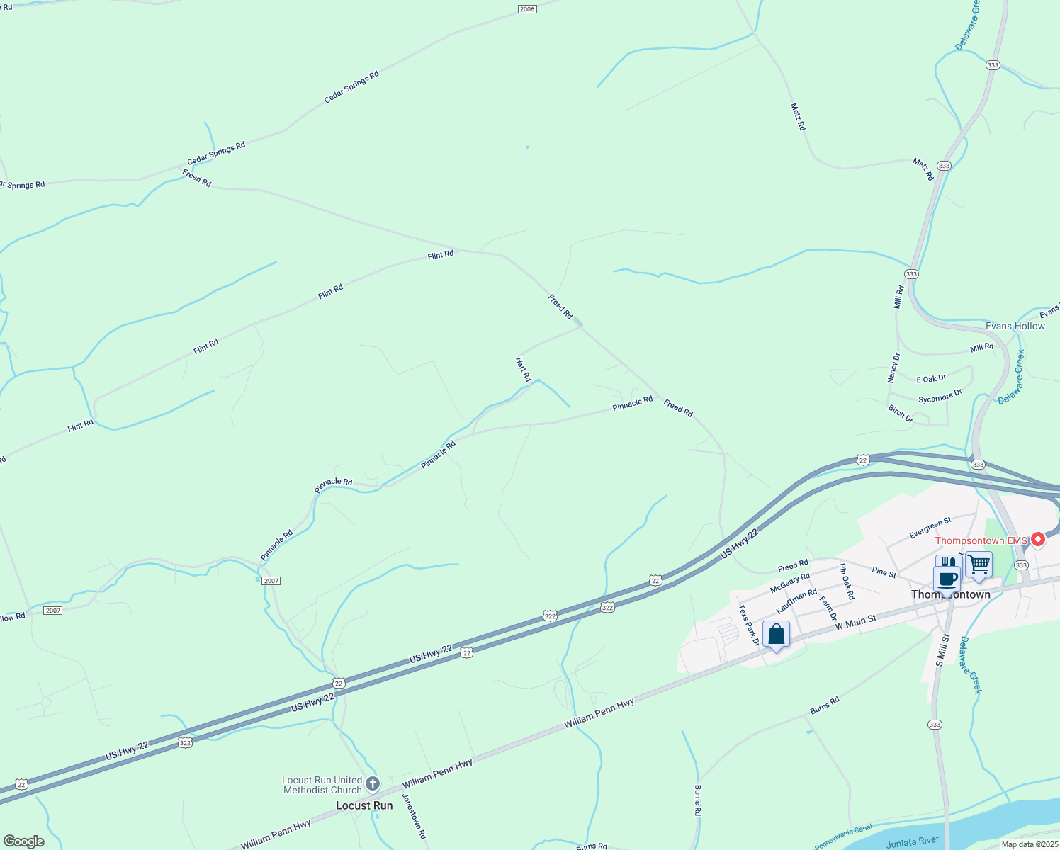 map of restaurants, bars, coffee shops, grocery stores, and more near Pinnacle Road in Juniata County