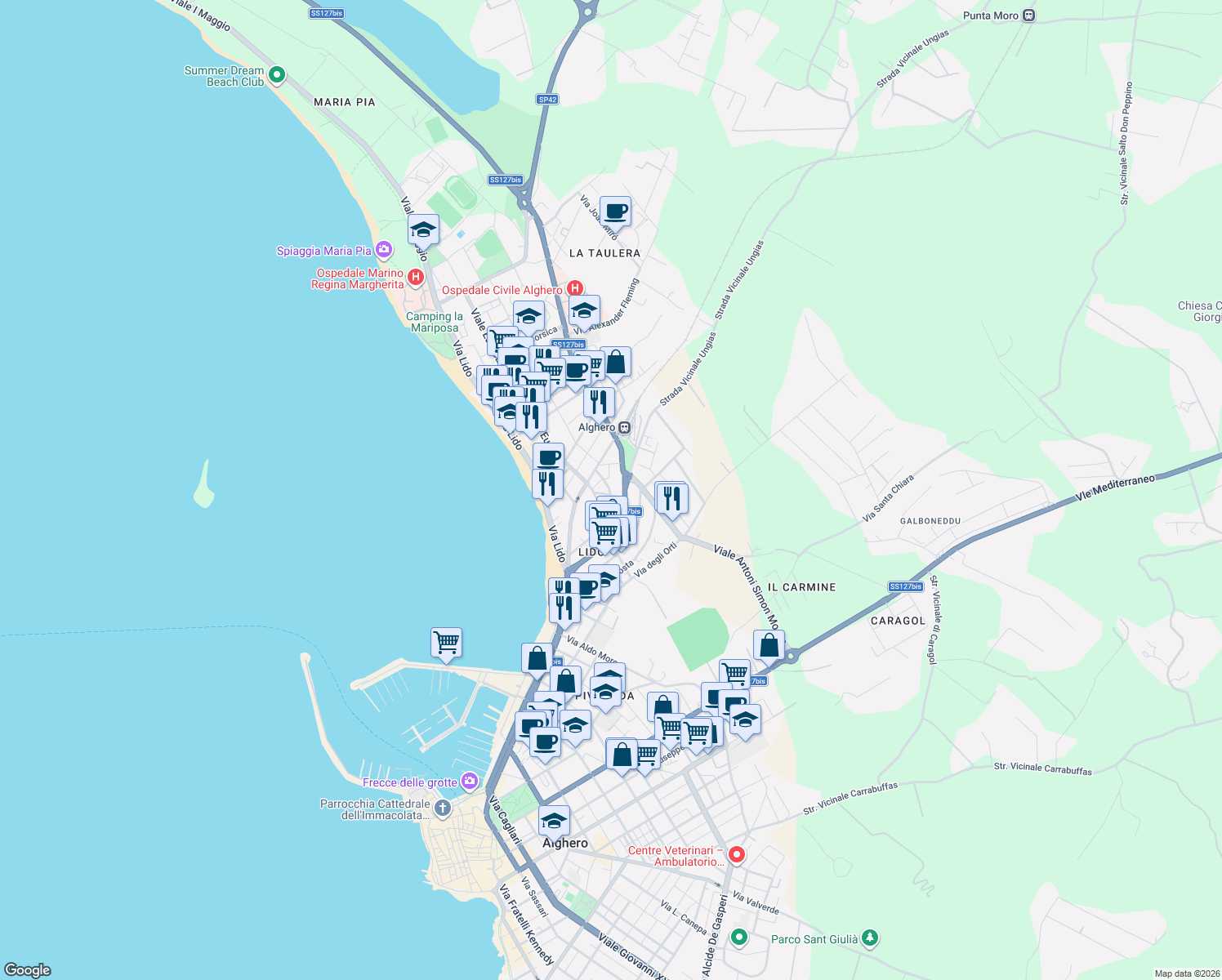 map of restaurants, bars, coffee shops, grocery stores, and more near 6 Viale Europa in Alghero