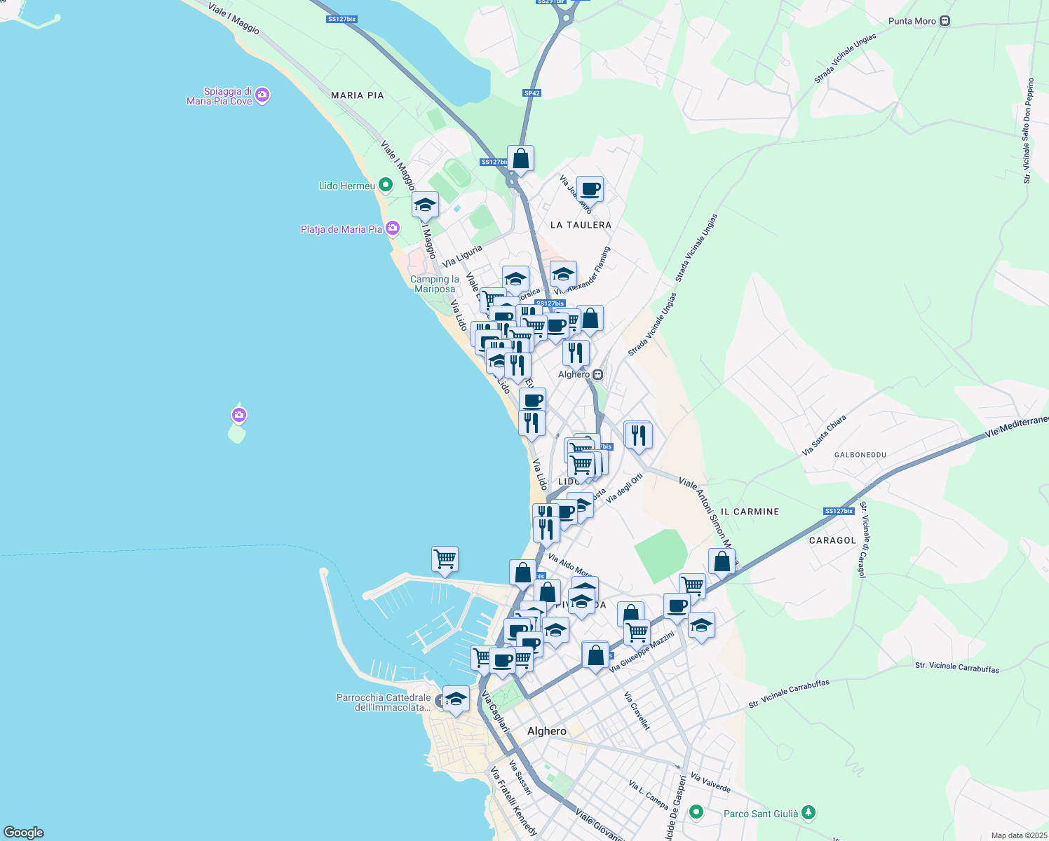 map of restaurants, bars, coffee shops, grocery stores, and more near 33B Via Lido in Alghero