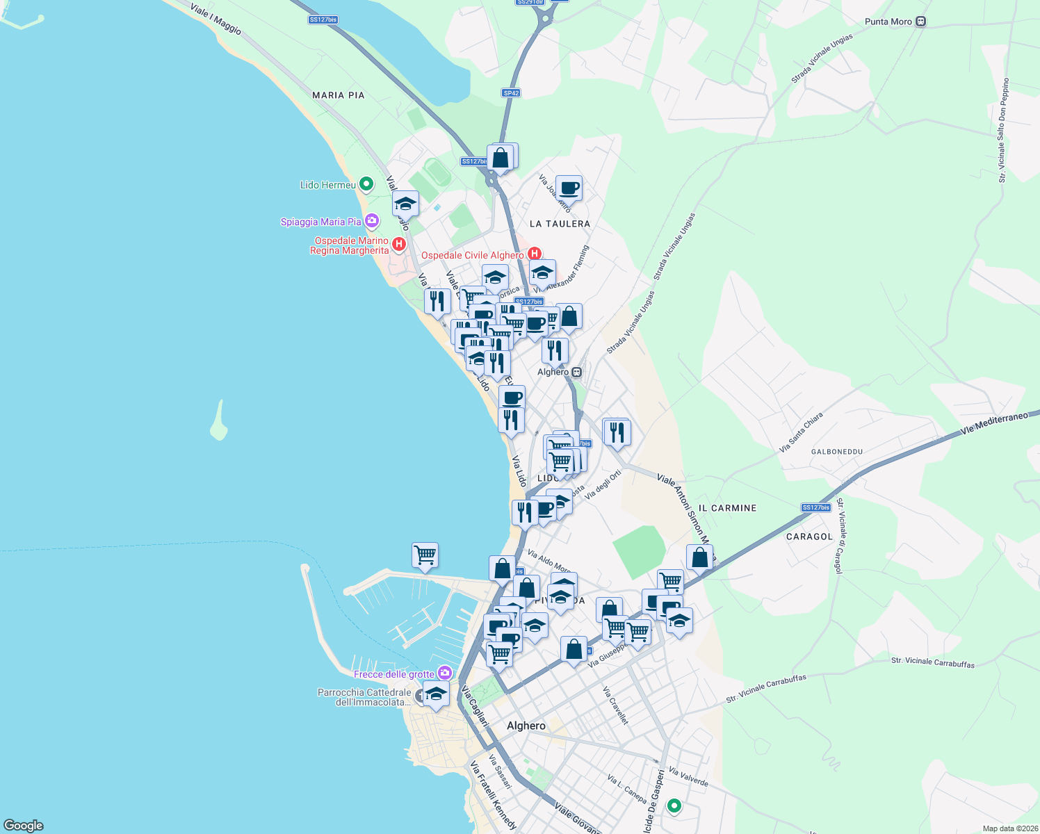 map of restaurants, bars, coffee shops, grocery stores, and more near 14 Viale Europa in Alghero