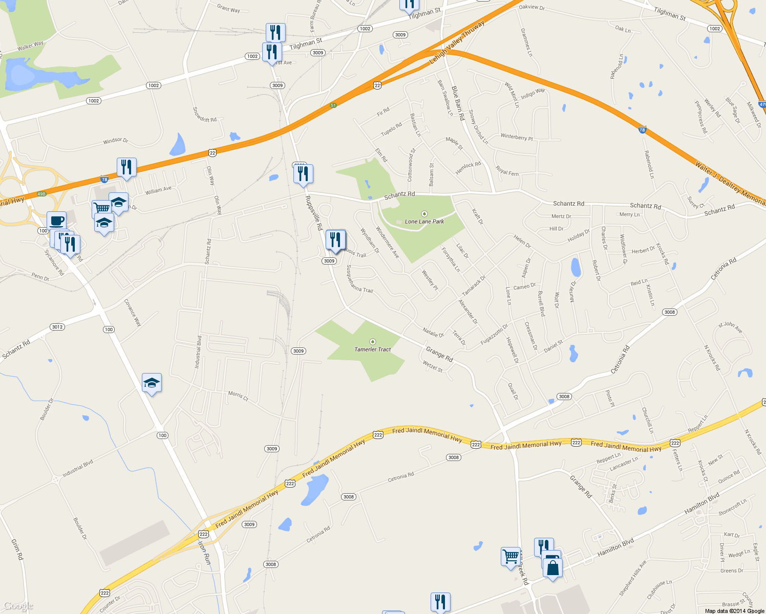 map of restaurants, bars, coffee shops, grocery stores, and more near 296 Susquehanna Trail in Allentown