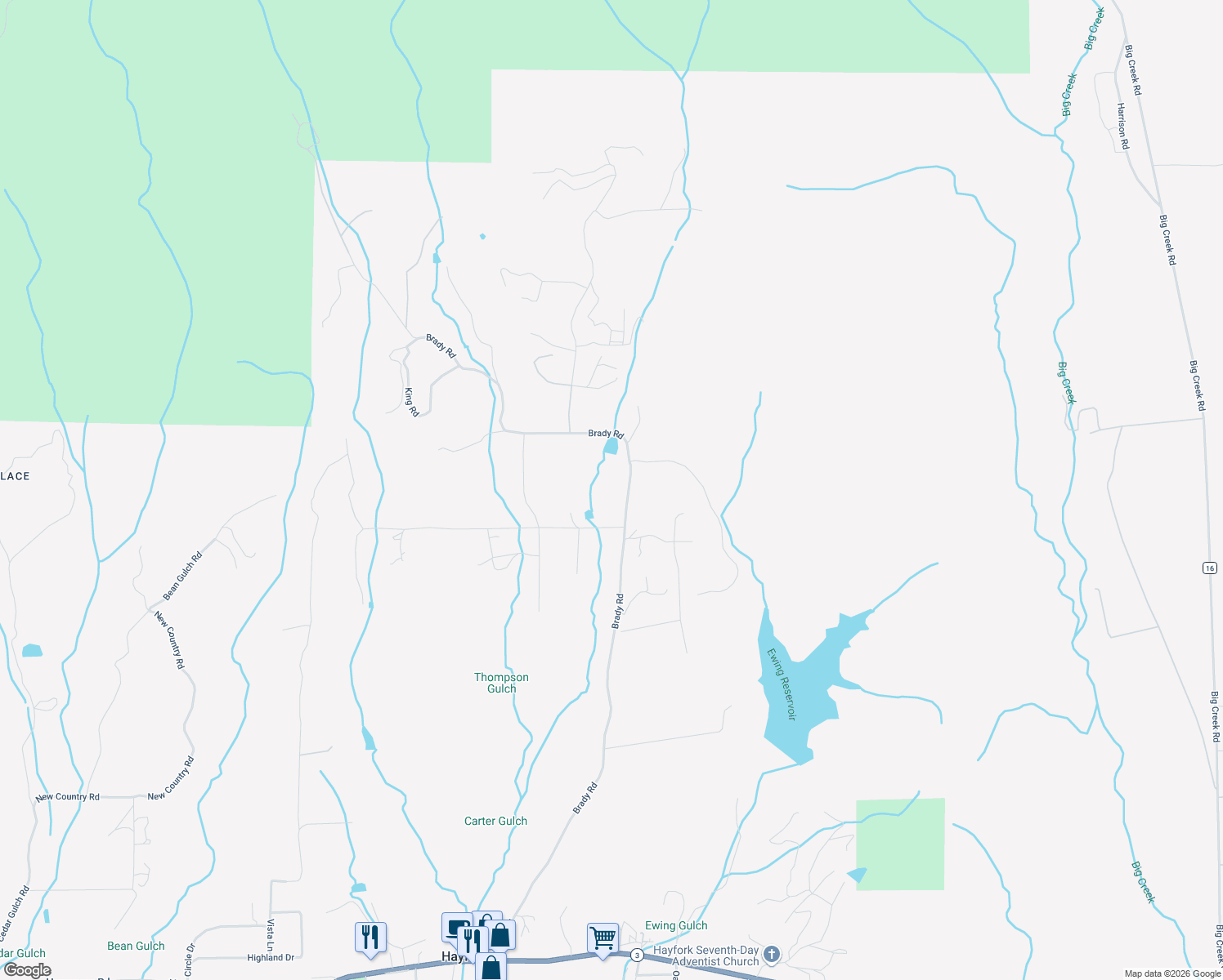 map of restaurants, bars, coffee shops, grocery stores, and more near 1390 Brady Road in Hayfork