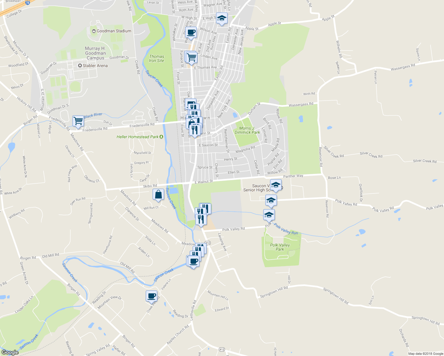 map of restaurants, bars, coffee shops, grocery stores, and more near 315 East Walnut Street in Hellertown