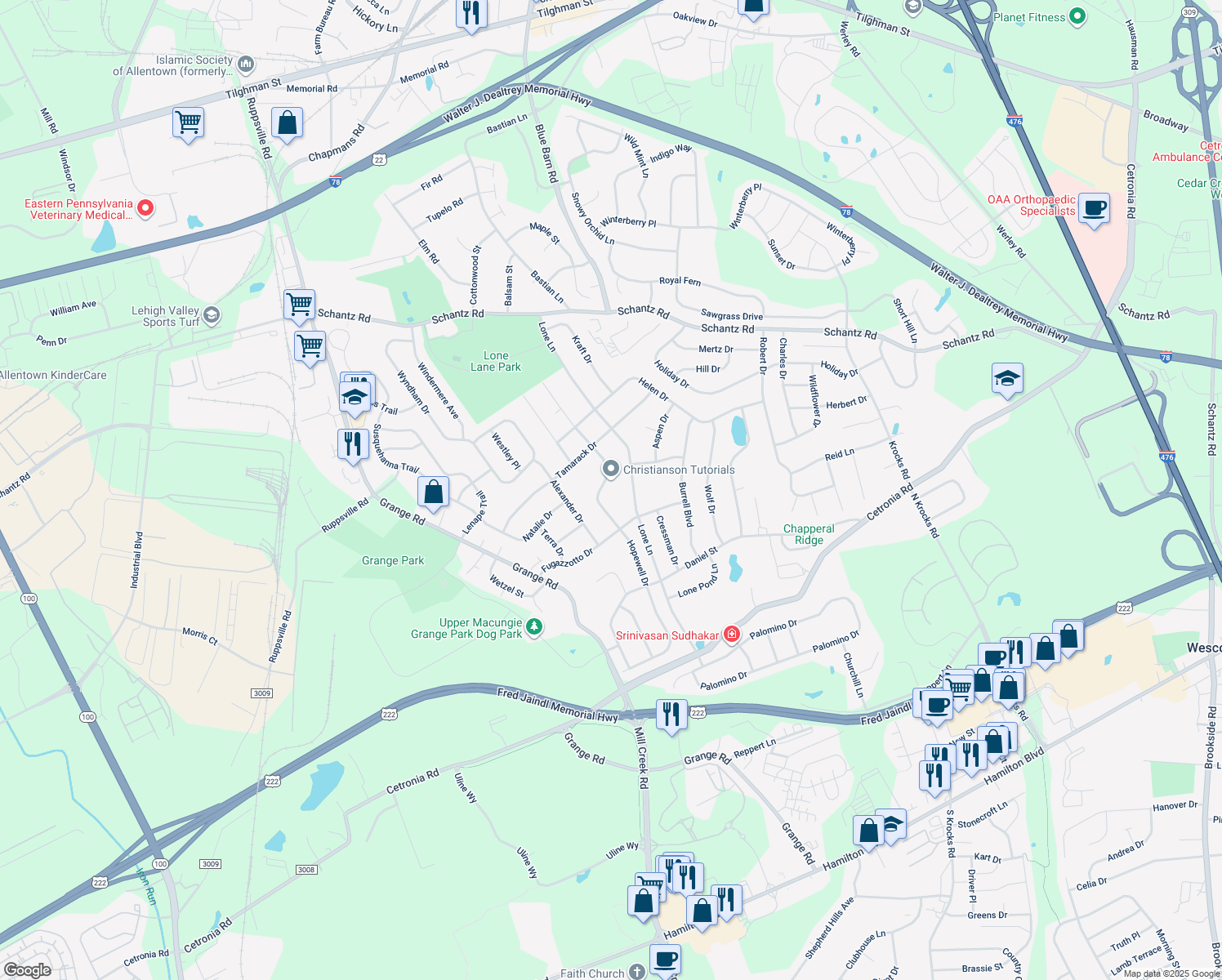 map of restaurants, bars, coffee shops, grocery stores, and more near 235 Hopewell Drive in Allentown