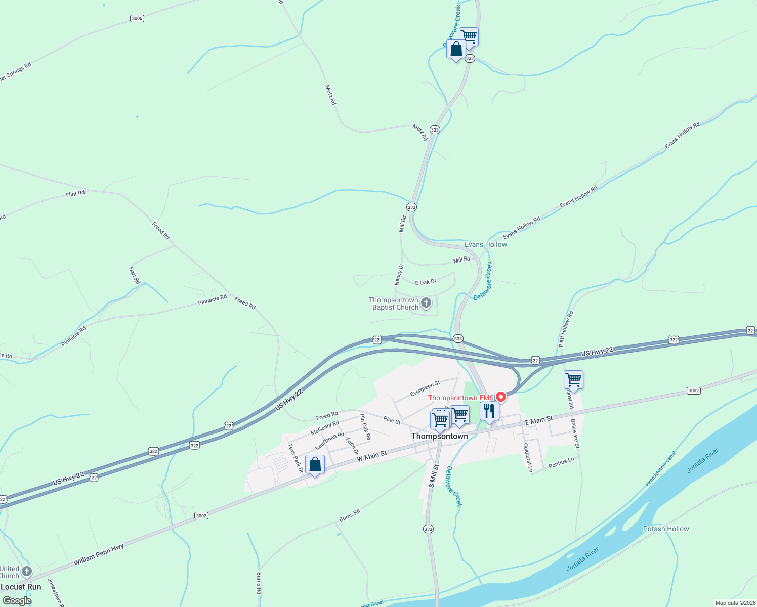 map of restaurants, bars, coffee shops, grocery stores, and more near 5-17 Birch Drive in Thompsontown