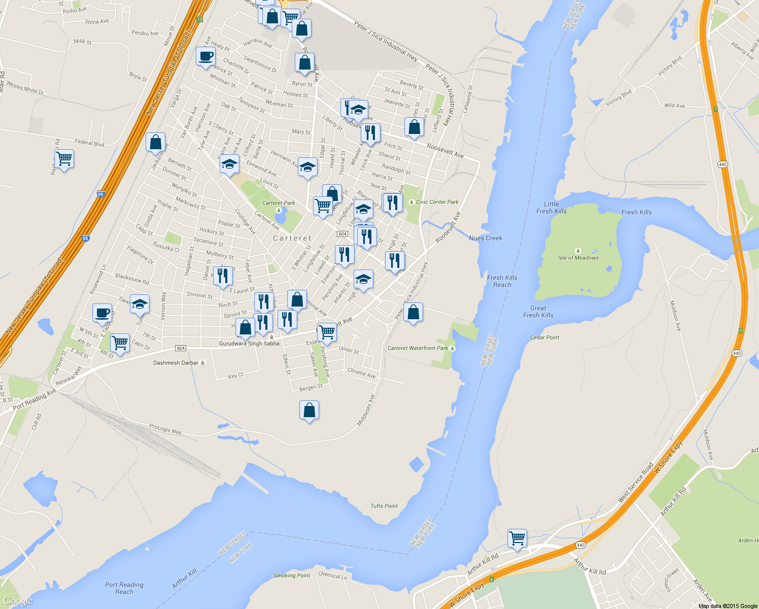 map of restaurants, bars, coffee shops, grocery stores, and more near 101-819 Abbi Road in Carteret