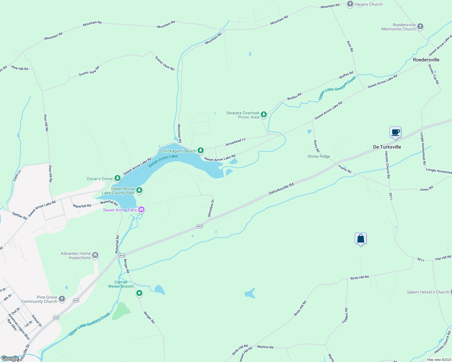 map of restaurants, bars, coffee shops, grocery stores, and more near 53 Lakefront Dr in Pine Grove