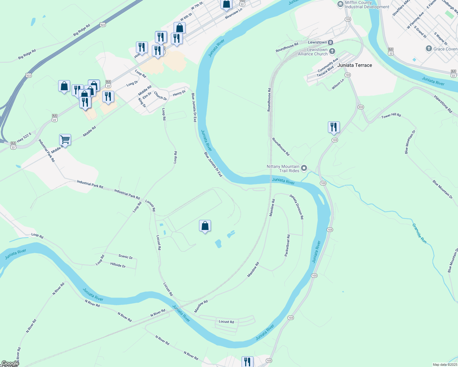 map of restaurants, bars, coffee shops, grocery stores, and more near 460 Blue Juniata Drive in Lewistown