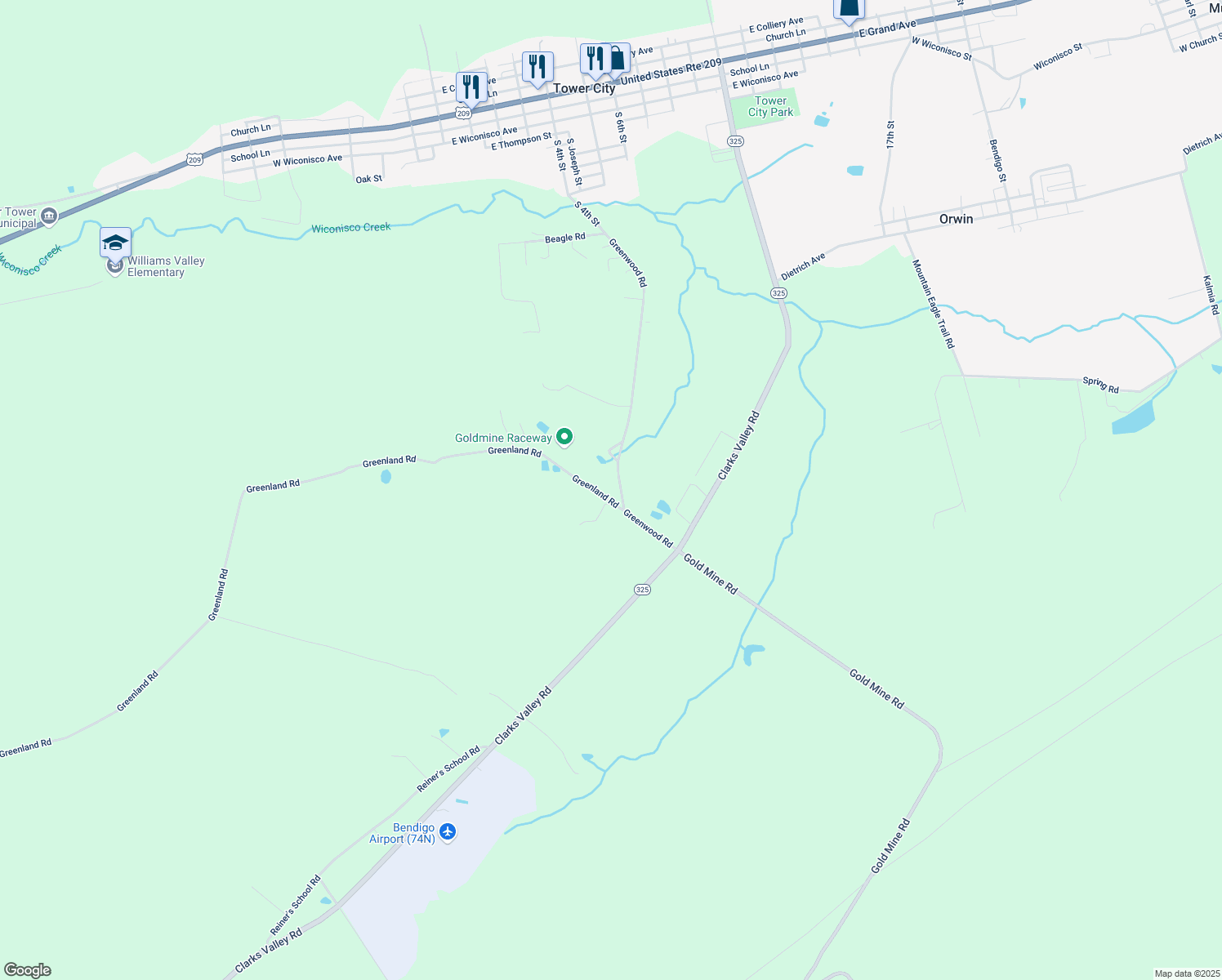 map of restaurants, bars, coffee shops, grocery stores, and more near 540 Greenwood Road in Tower City