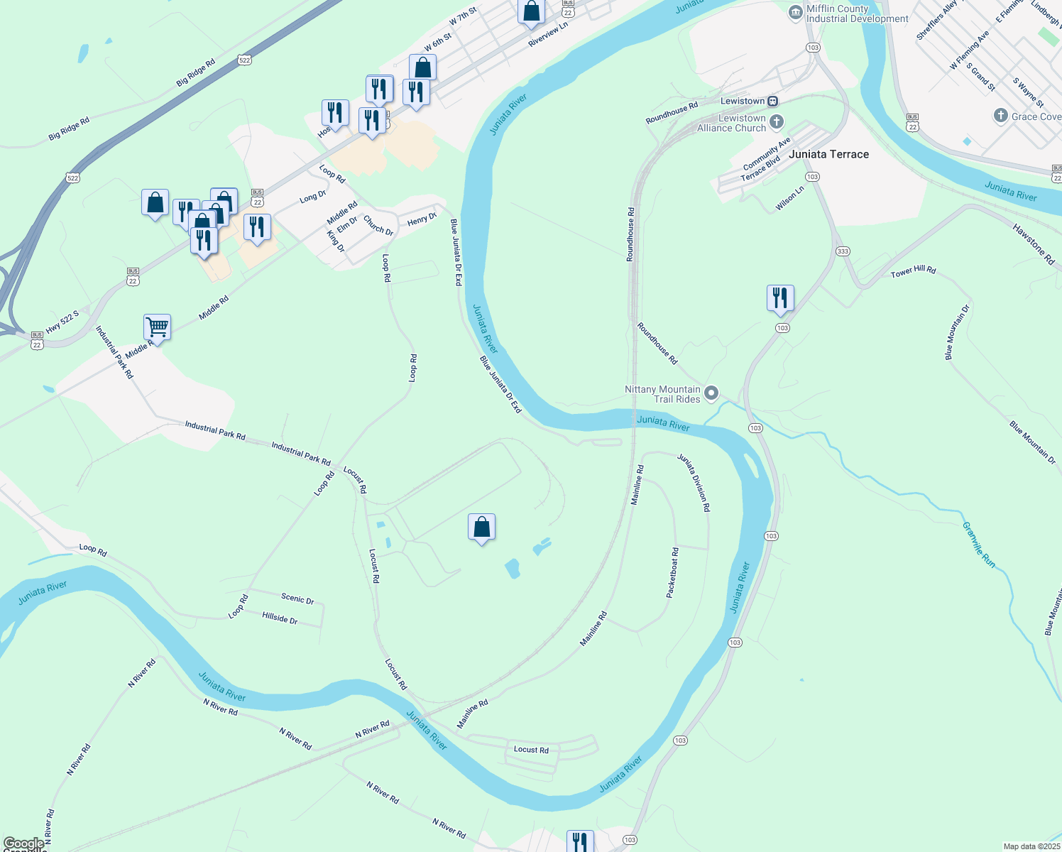 map of restaurants, bars, coffee shops, grocery stores, and more near 450 Blue Juniata Drive in Lewistown