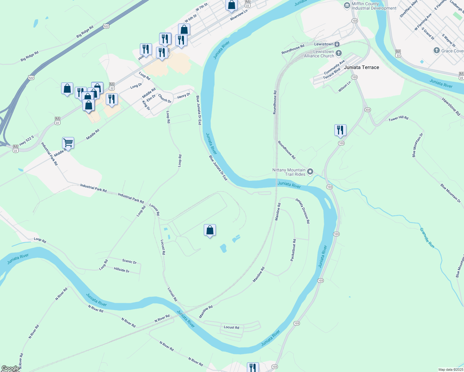 map of restaurants, bars, coffee shops, grocery stores, and more near 450 Blue Juniata Drive in Lewistown